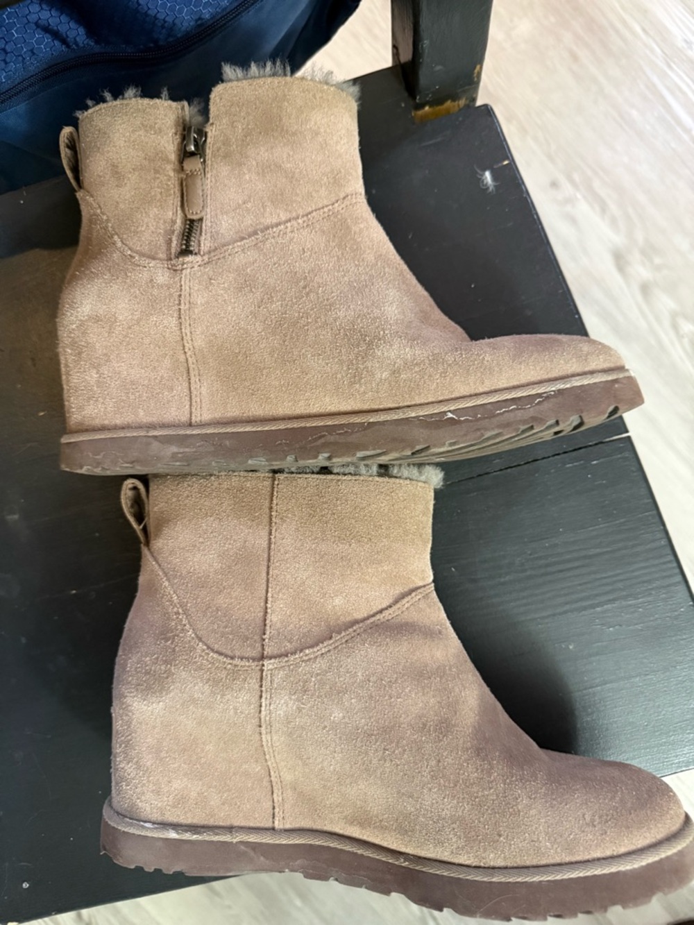 UGG Women's Light Brown Suede Ankle Booties with Shearling Trim